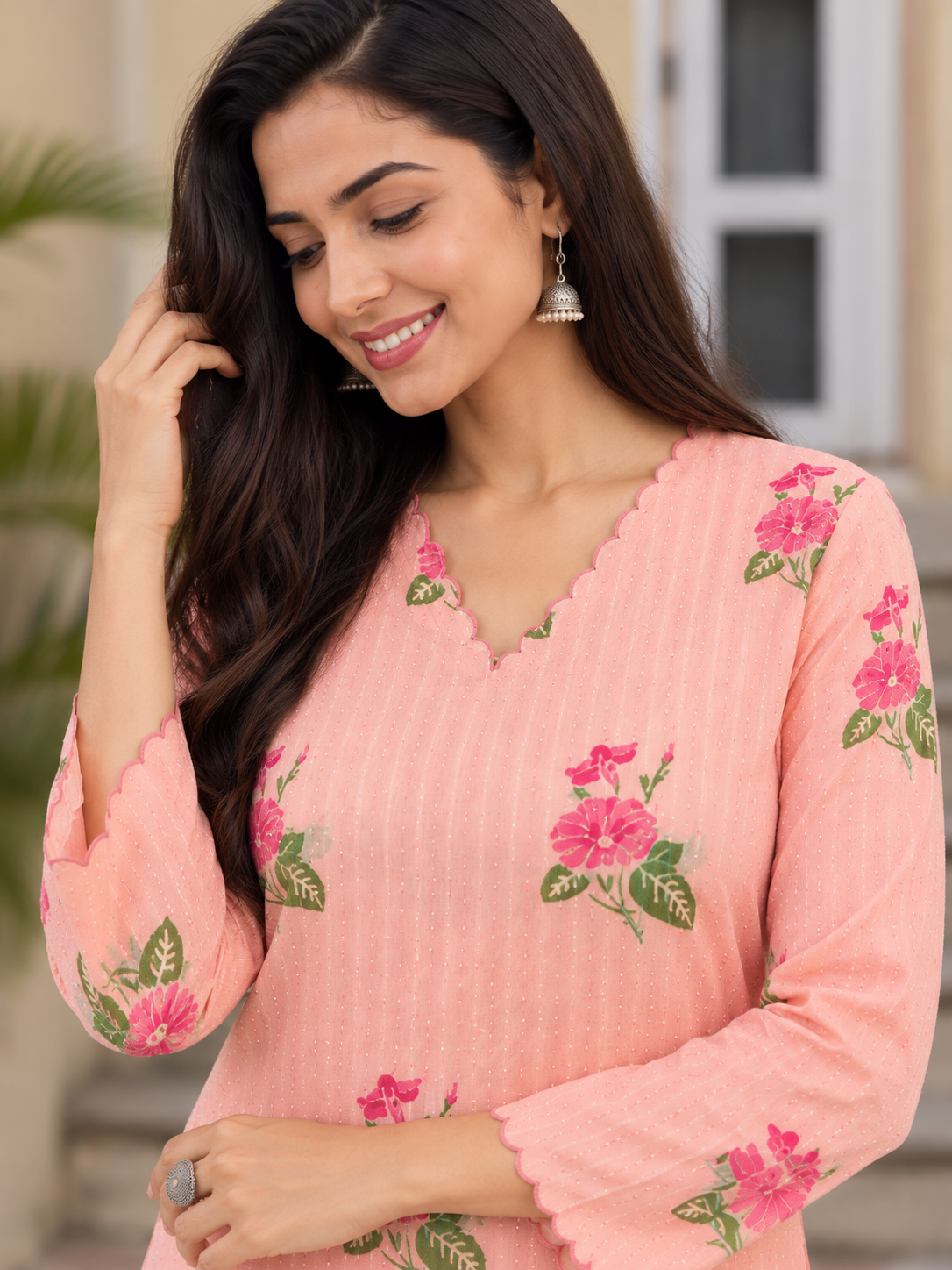 PEACH FLORAL PRINTED KURTA SET