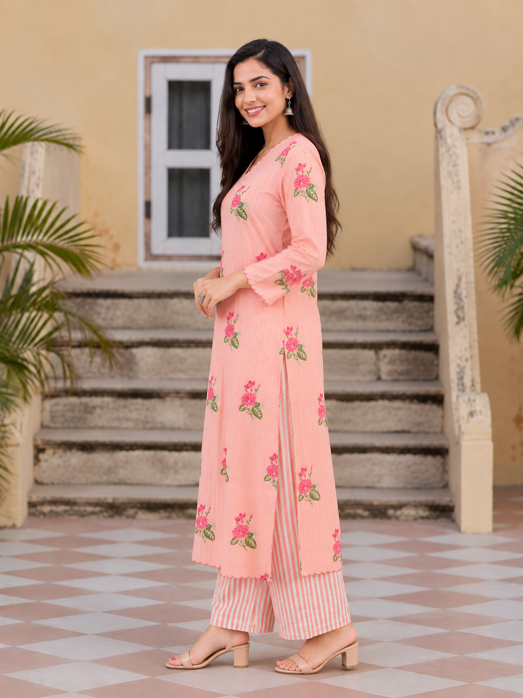 PEACH FLORAL PRINTED KURTA SET