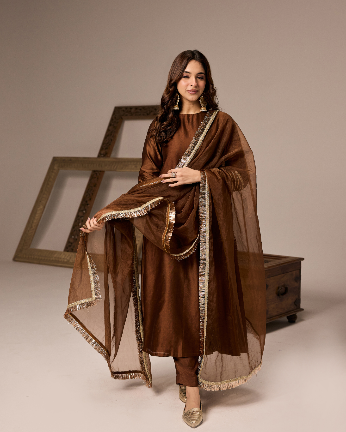 BROWN CHANDERI ANARKALI SUIT