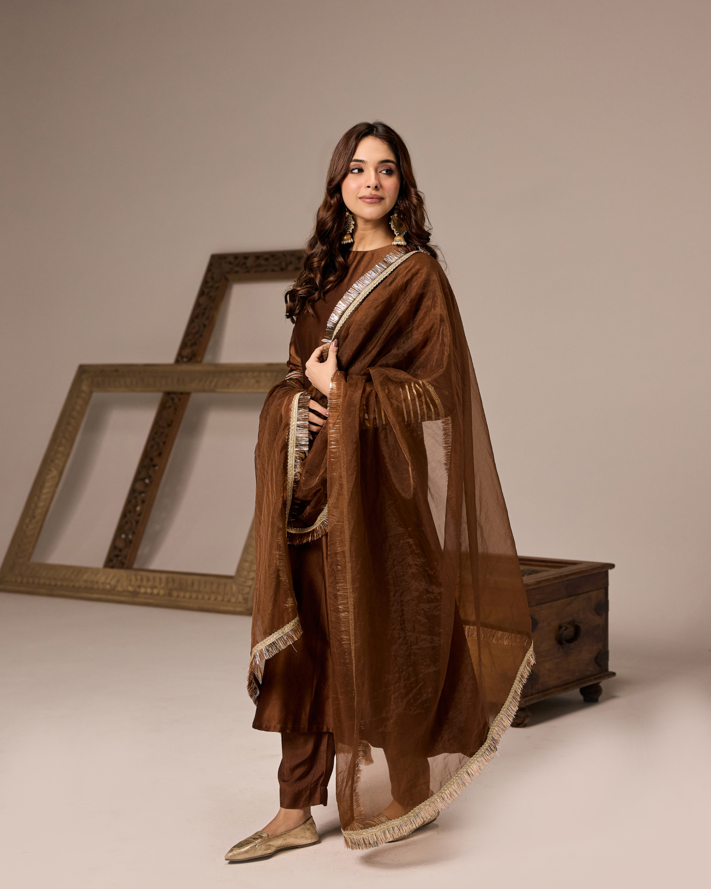 BROWN CHANDERI ANARKALI SUIT