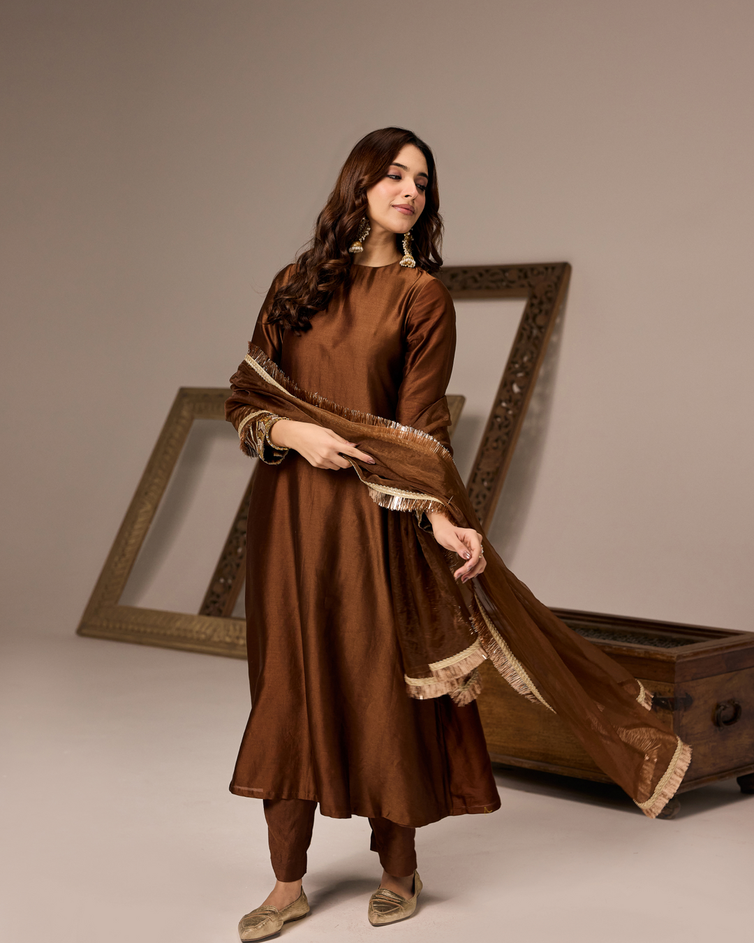 Brown Chanderi A-line Suit