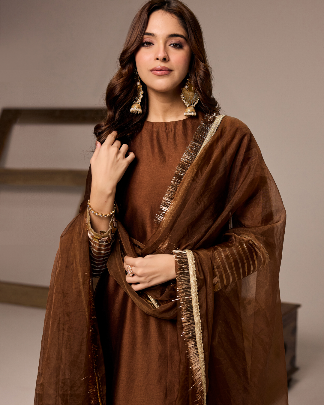 Brown Chanderi A-line Suit