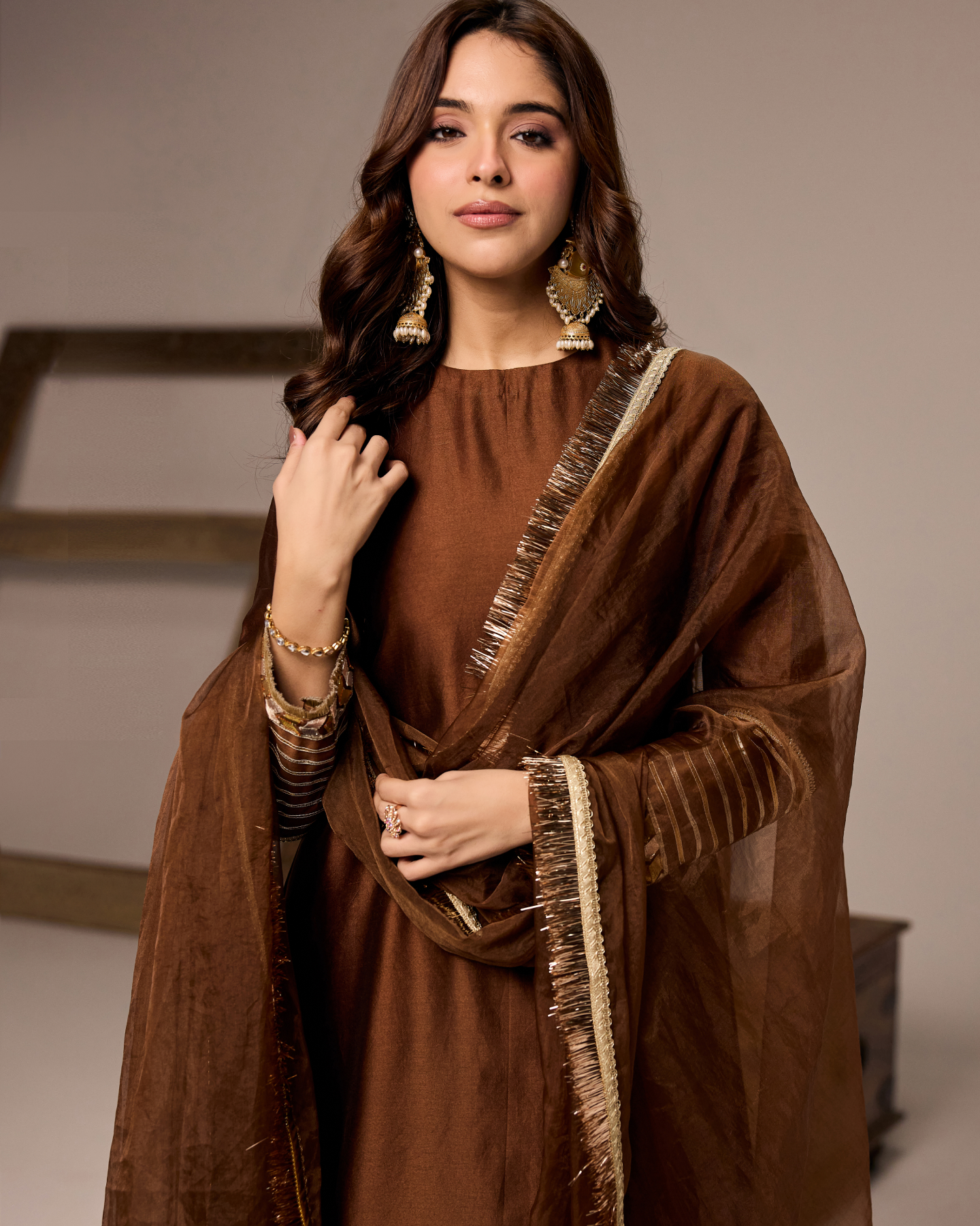 BROWN CHANDERI ANARKALI SUIT