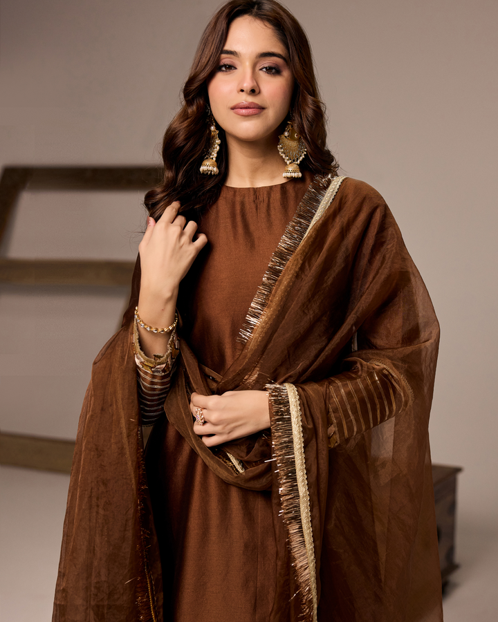 Brown Chanderi A-line Suit