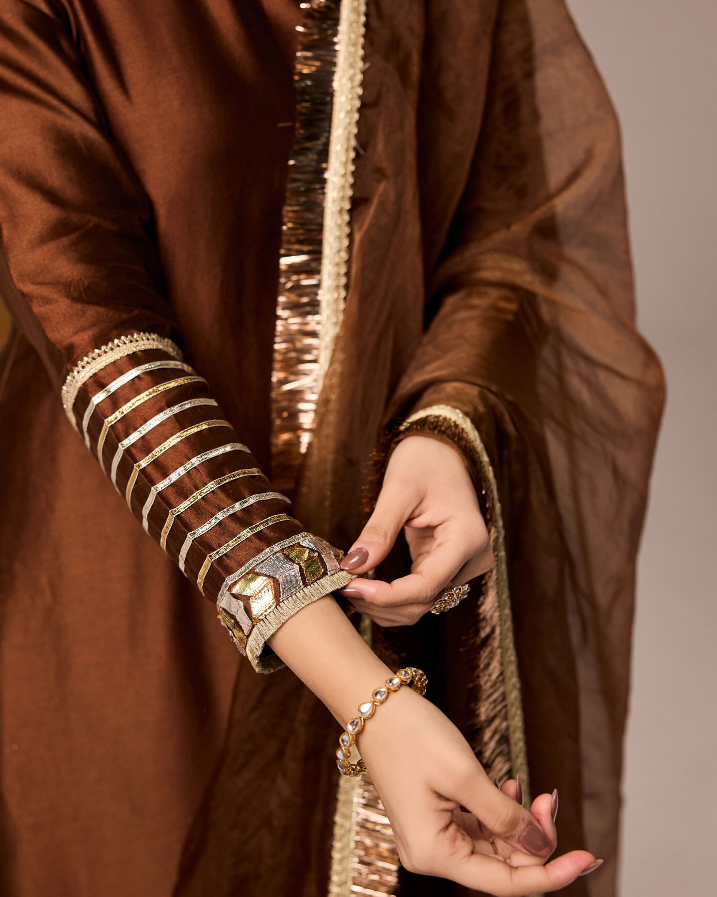 BROWN CHANDERI ANARKALI SUIT