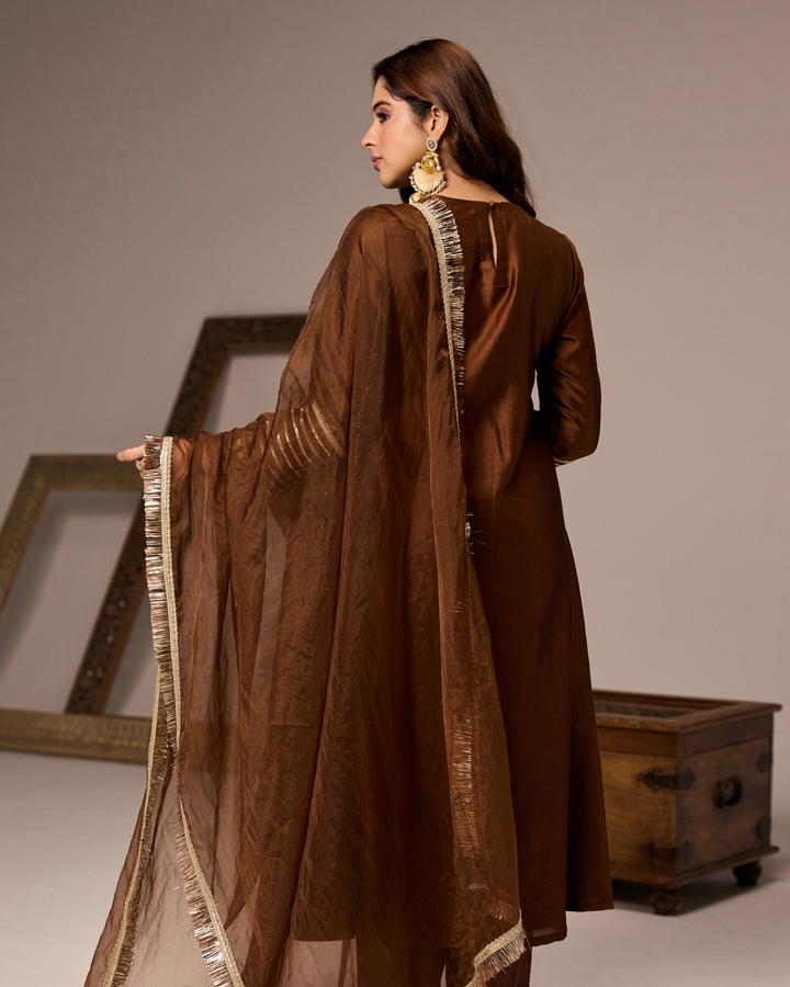 Brown Chanderi A-line Suit