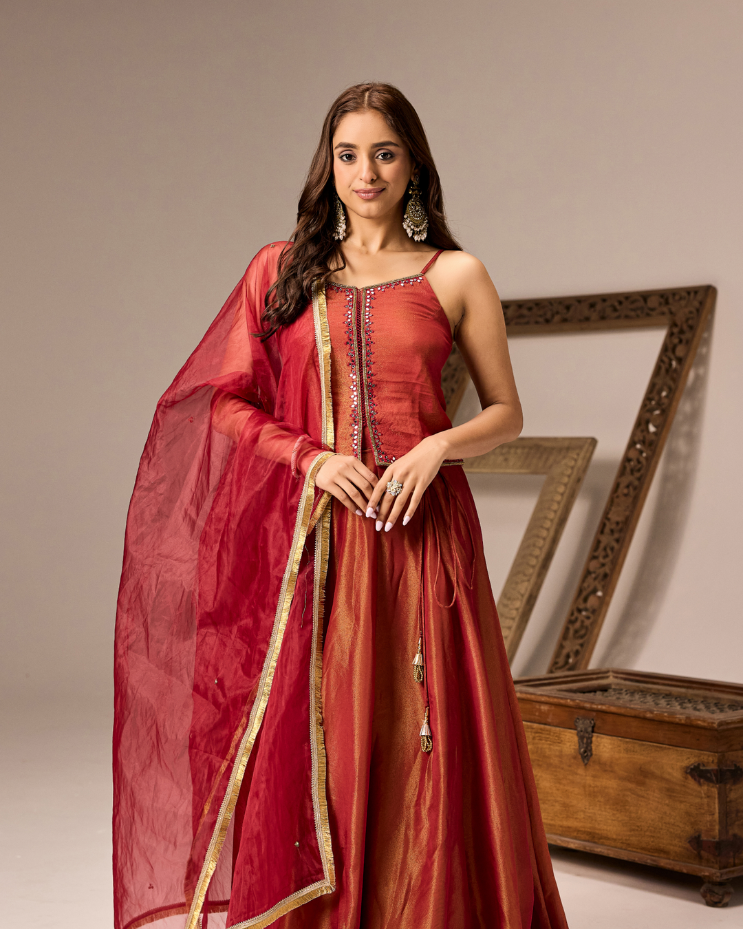 Red Tissue Lehenga