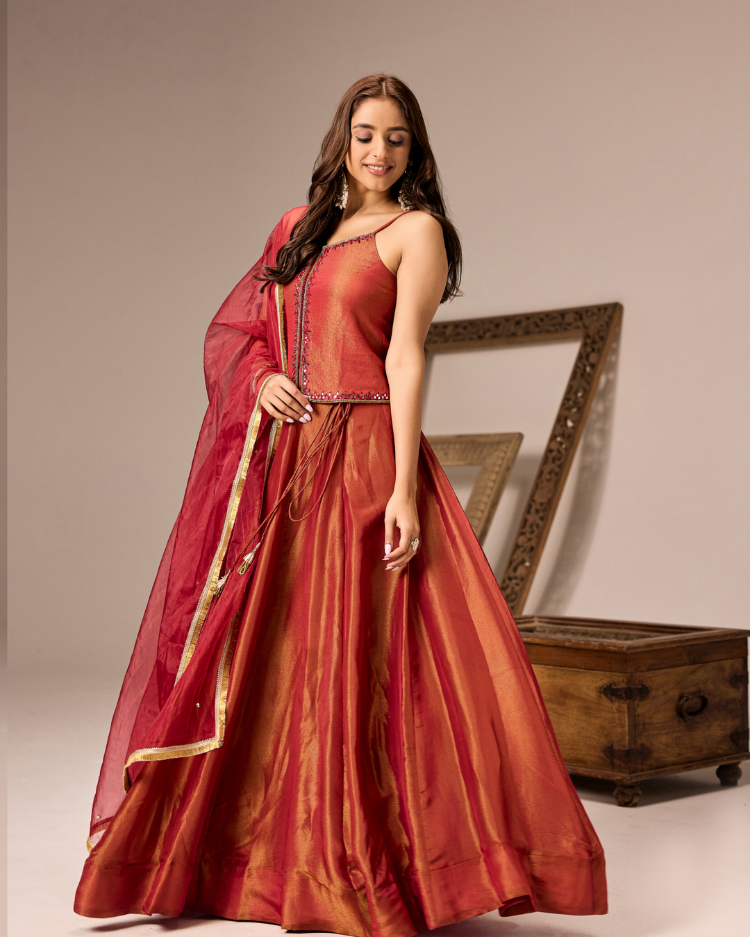 Red Tissue Lehenga