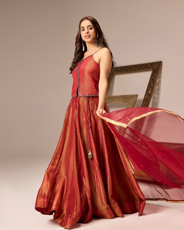 Red Tissue Lehenga