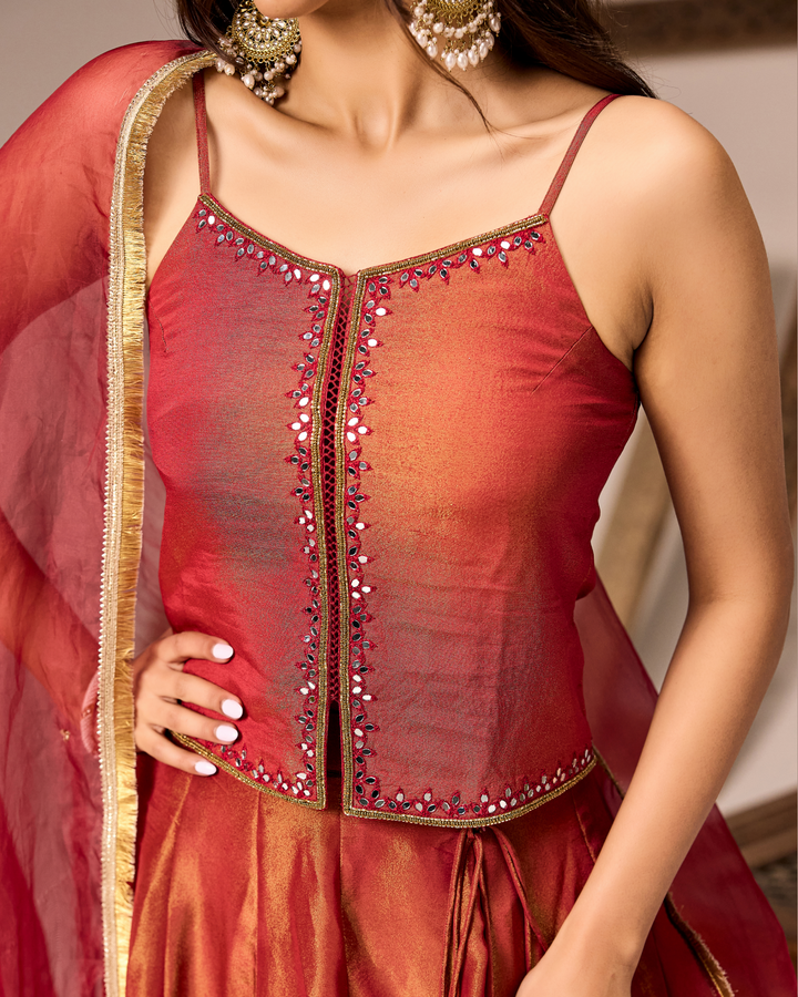 Red Tissue Lehenga