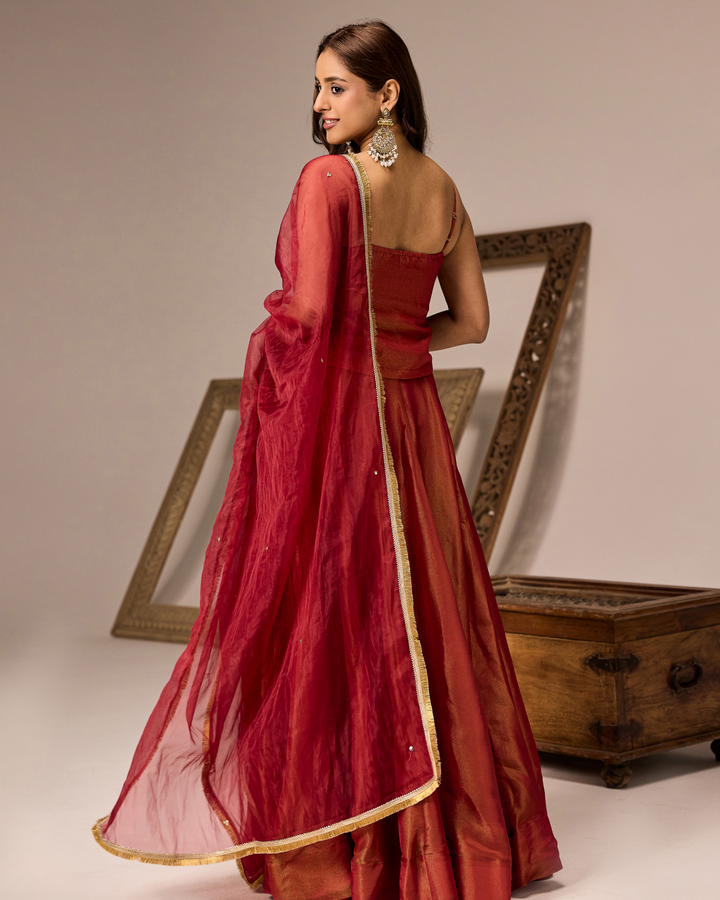 Red Tissue Lehenga