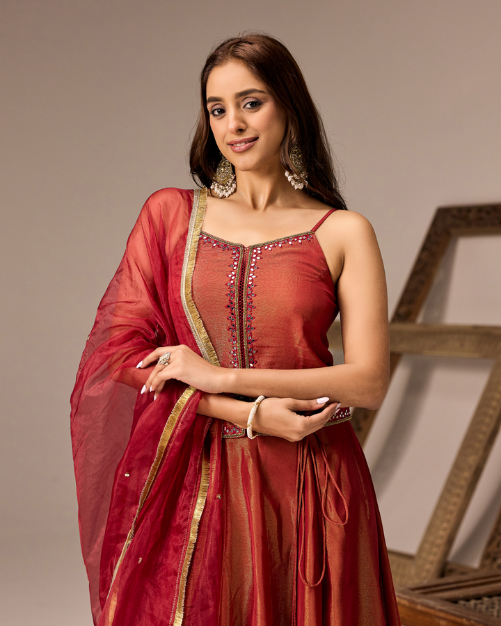 Red Tissue Lehenga