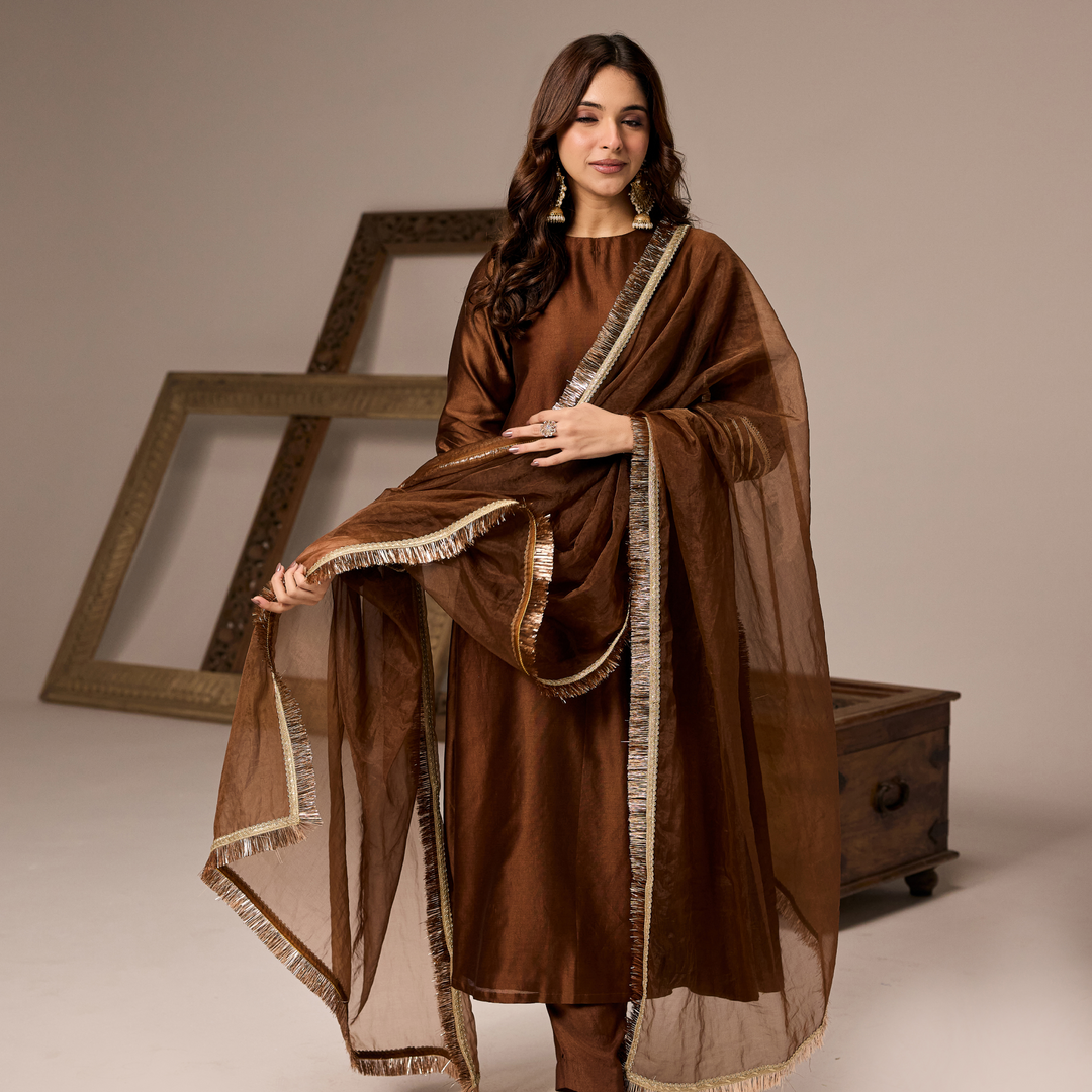 Brown Chanderi A-line Suit