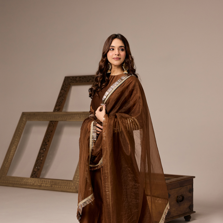 Brown Chanderi A-line Suit
