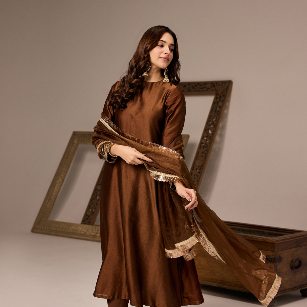 Brown Chanderi A-line Suit
