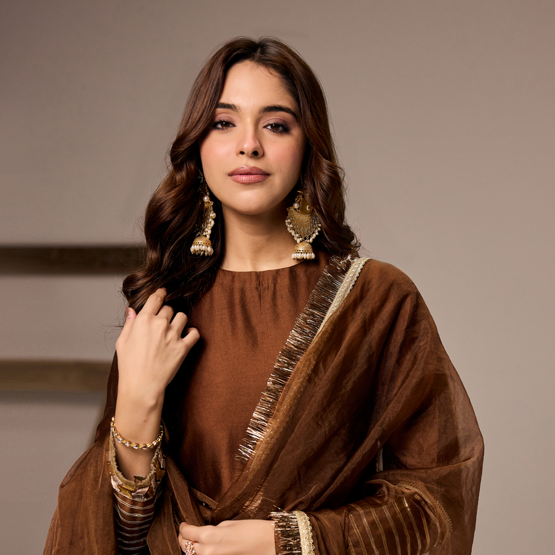 Brown Chanderi A-line Suit