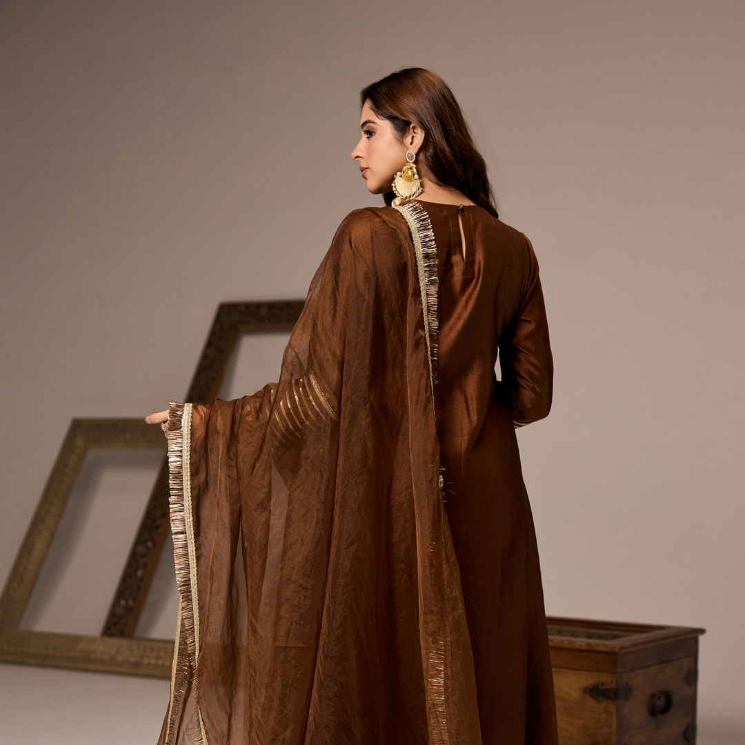 Brown Chanderi A-line Suit
