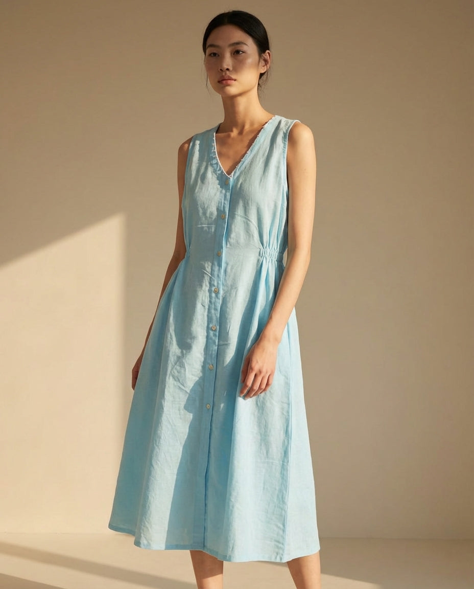 Breeze Blue Midi Linen Dress