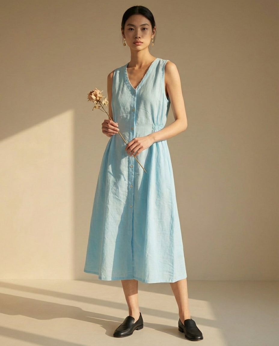 Breeze Blue Midi Linen Dress
