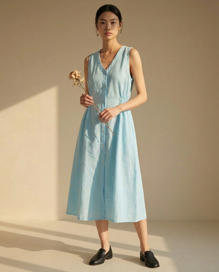 Breeze Blue Midi Linen Dress