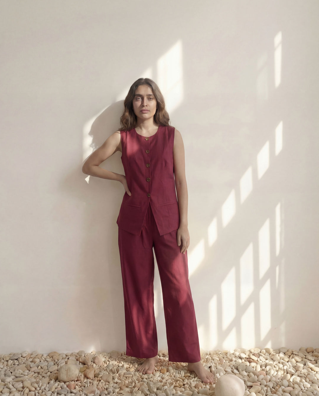Maroon Vest Linen Co-ord Set