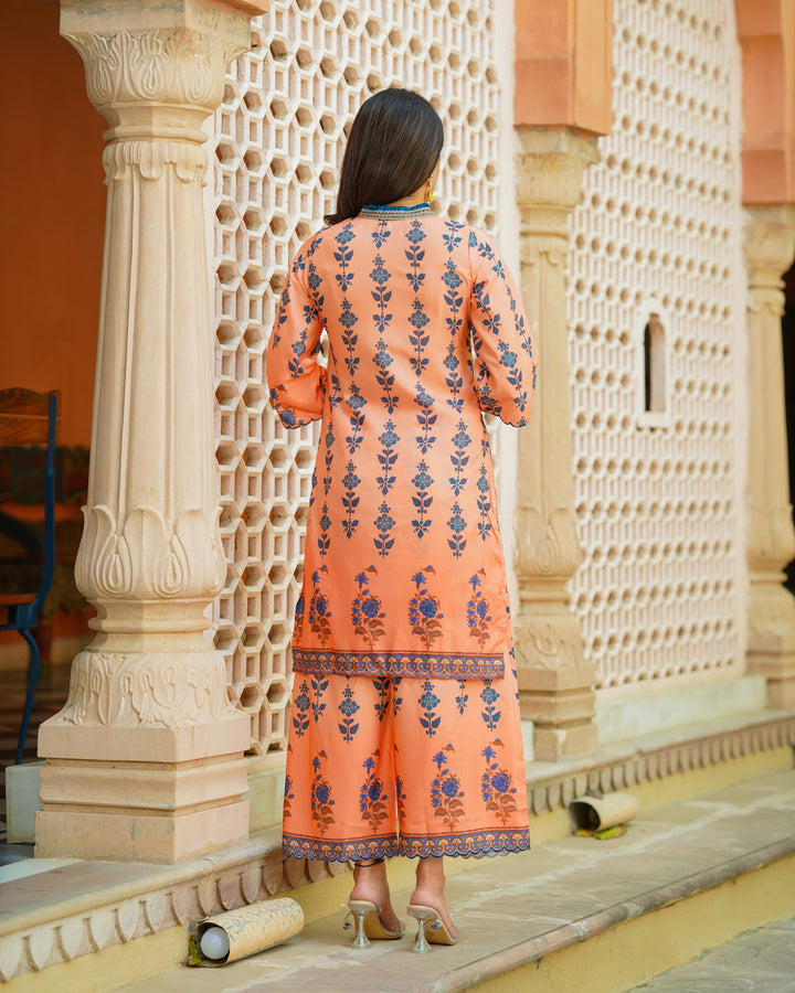 Peach Floral Muslin Kurta Set