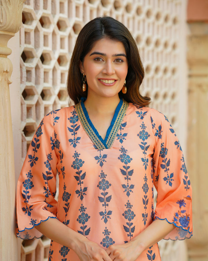 Peach Floral Muslin Kurta Set