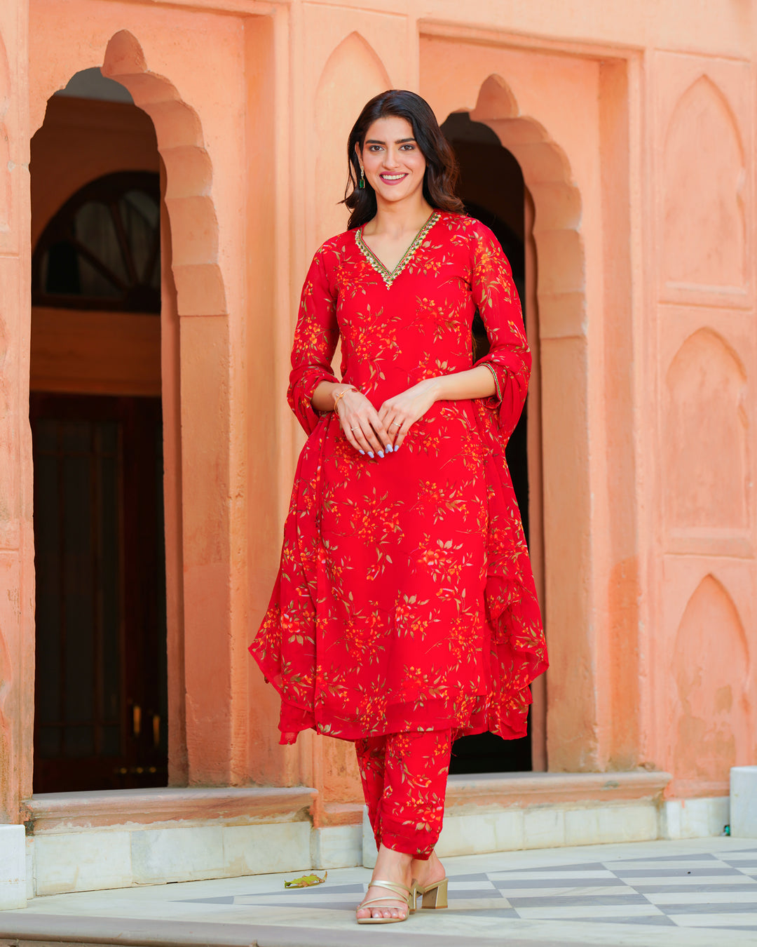 Red embroidered chiffon suit set