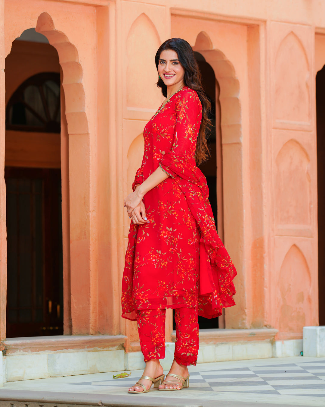 red embroidered chiffon suit set