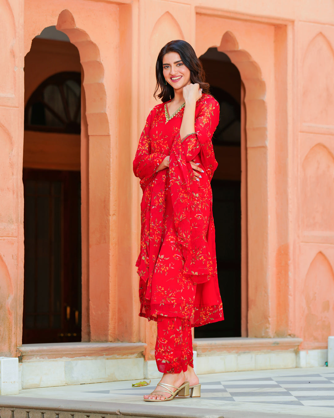 red embroidered chiffon suit set