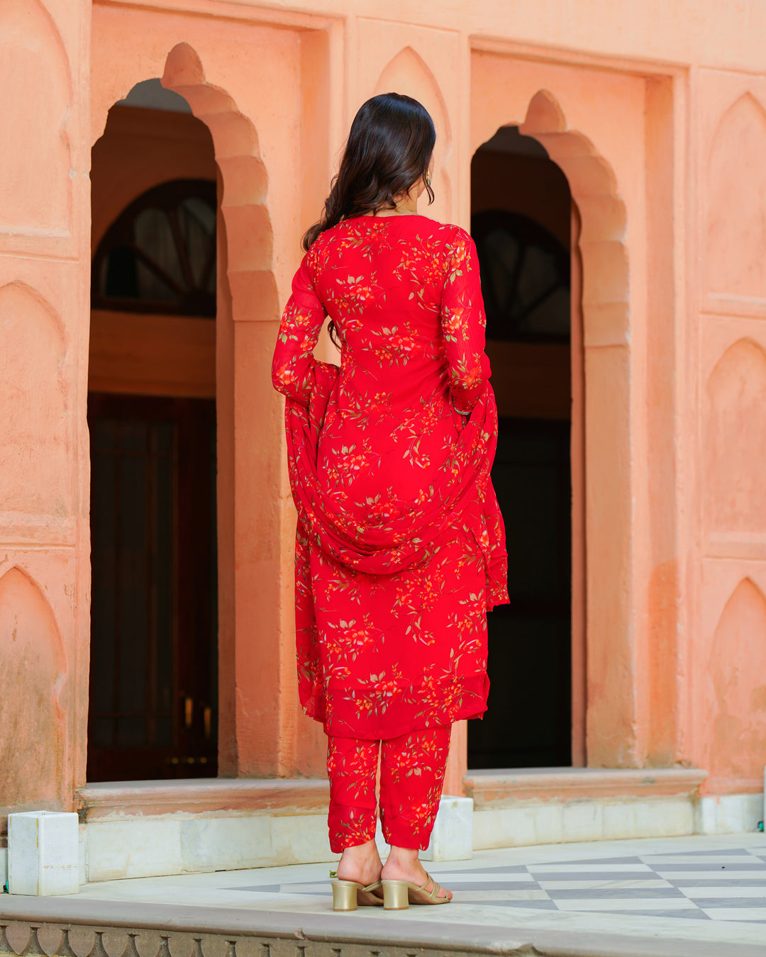 red embroidered chiffon suit set