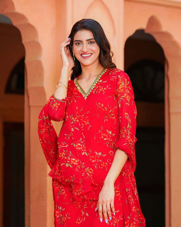 Red embroidered chiffon suit set