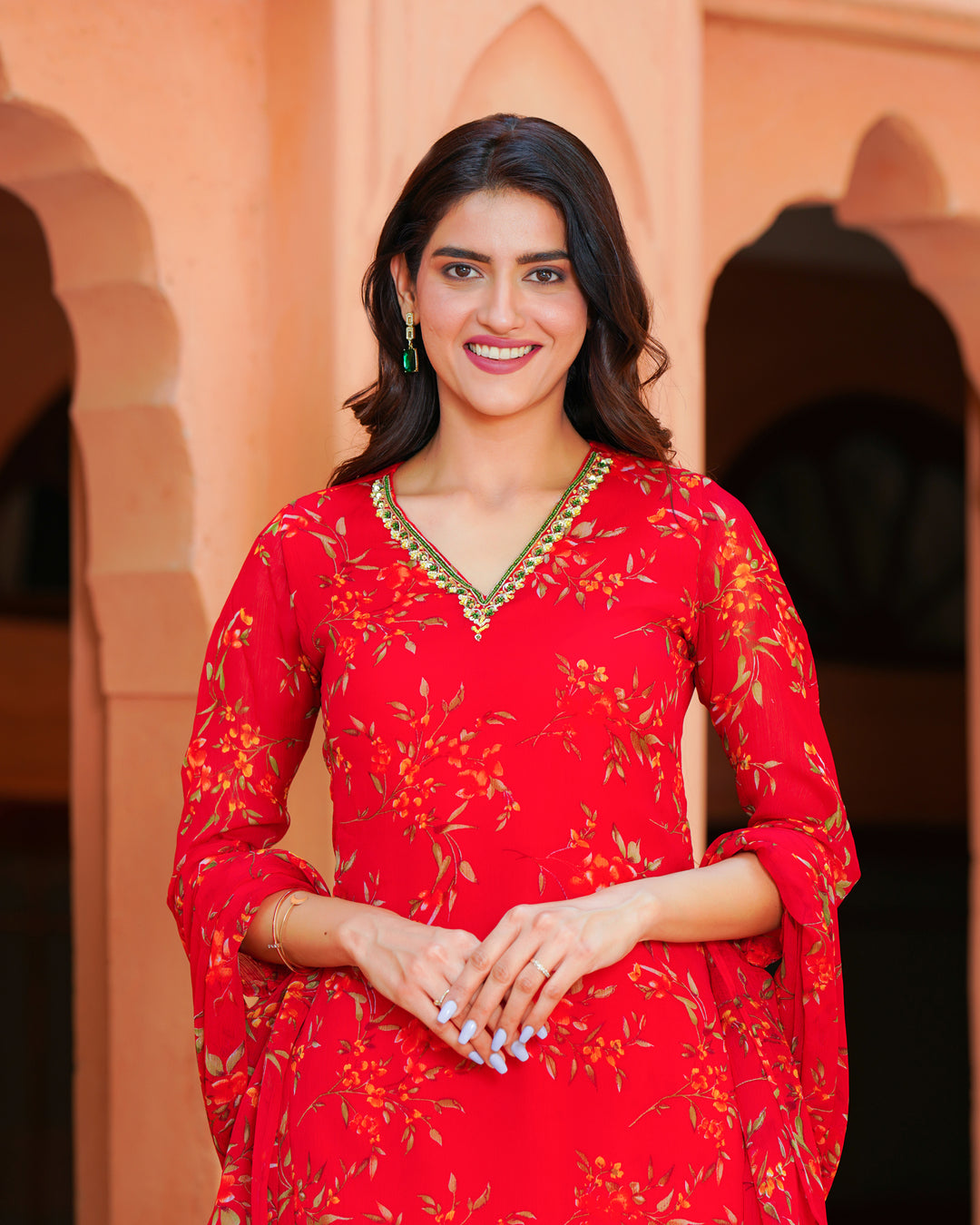 Red embroidered chiffon suit set