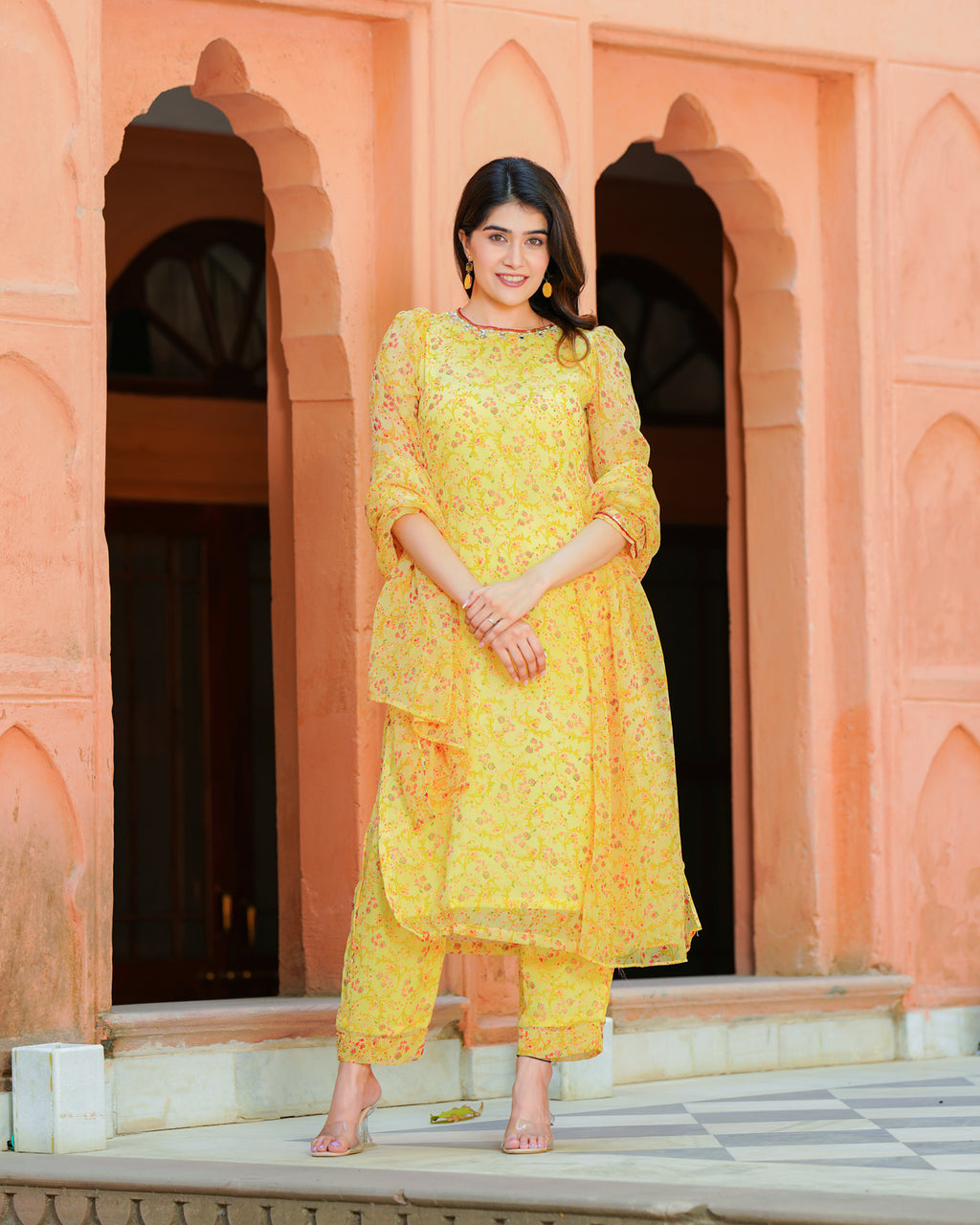 YELLOW PRINTED CHIFFON SUIT SET