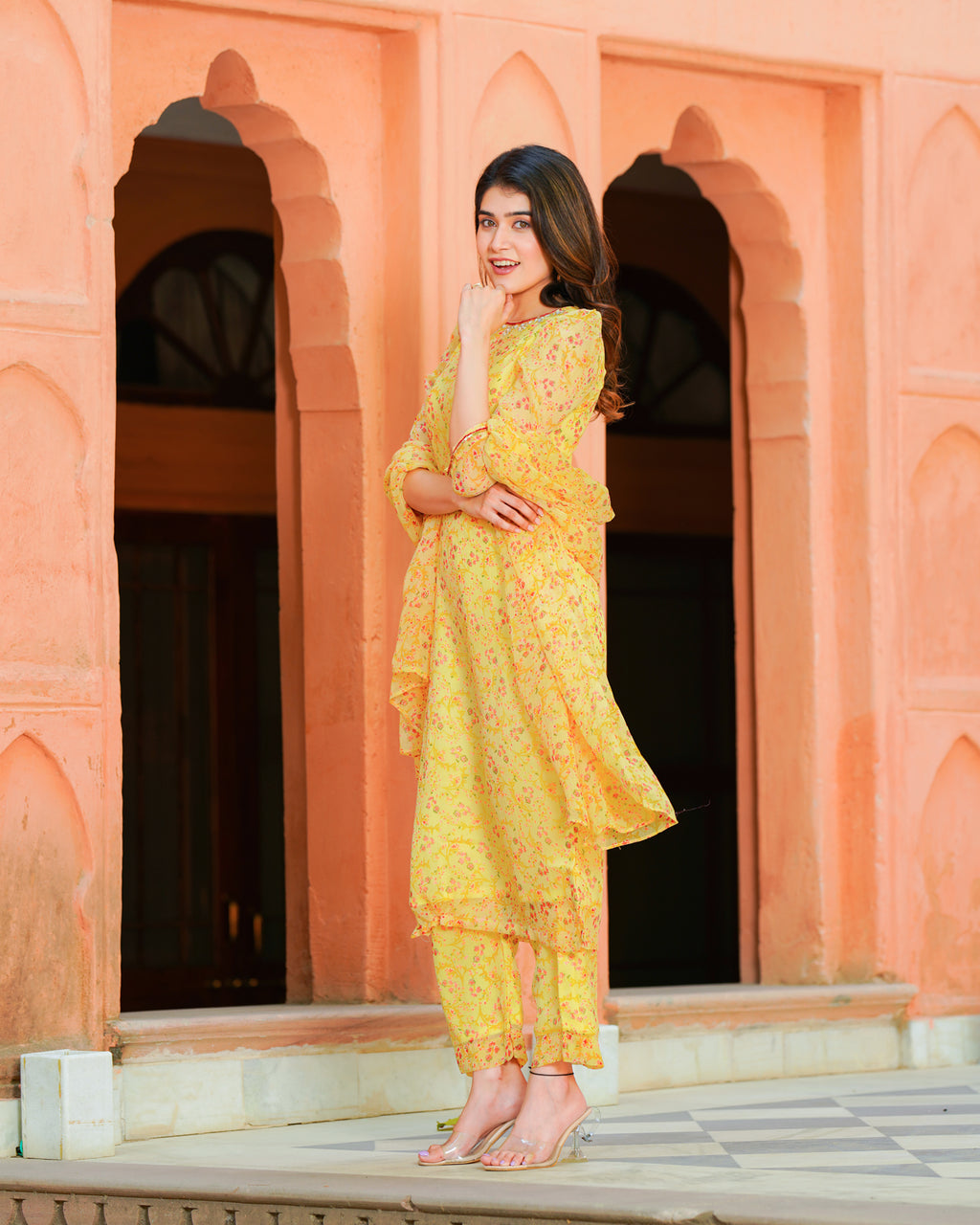 YELLOW PRINTED CHIFFON SUIT SET