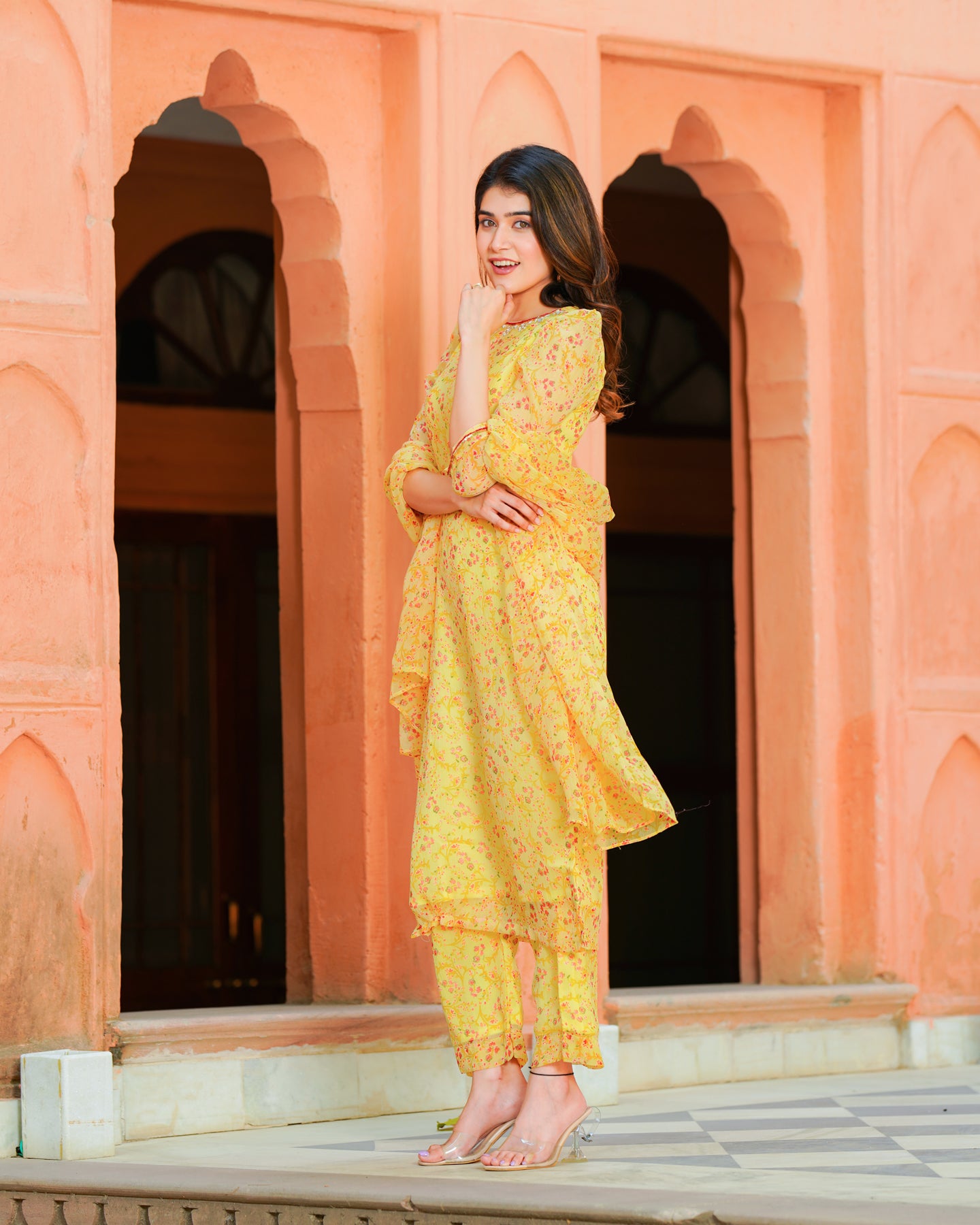 YELLOW PRINTED CHIFFON SUIT SET