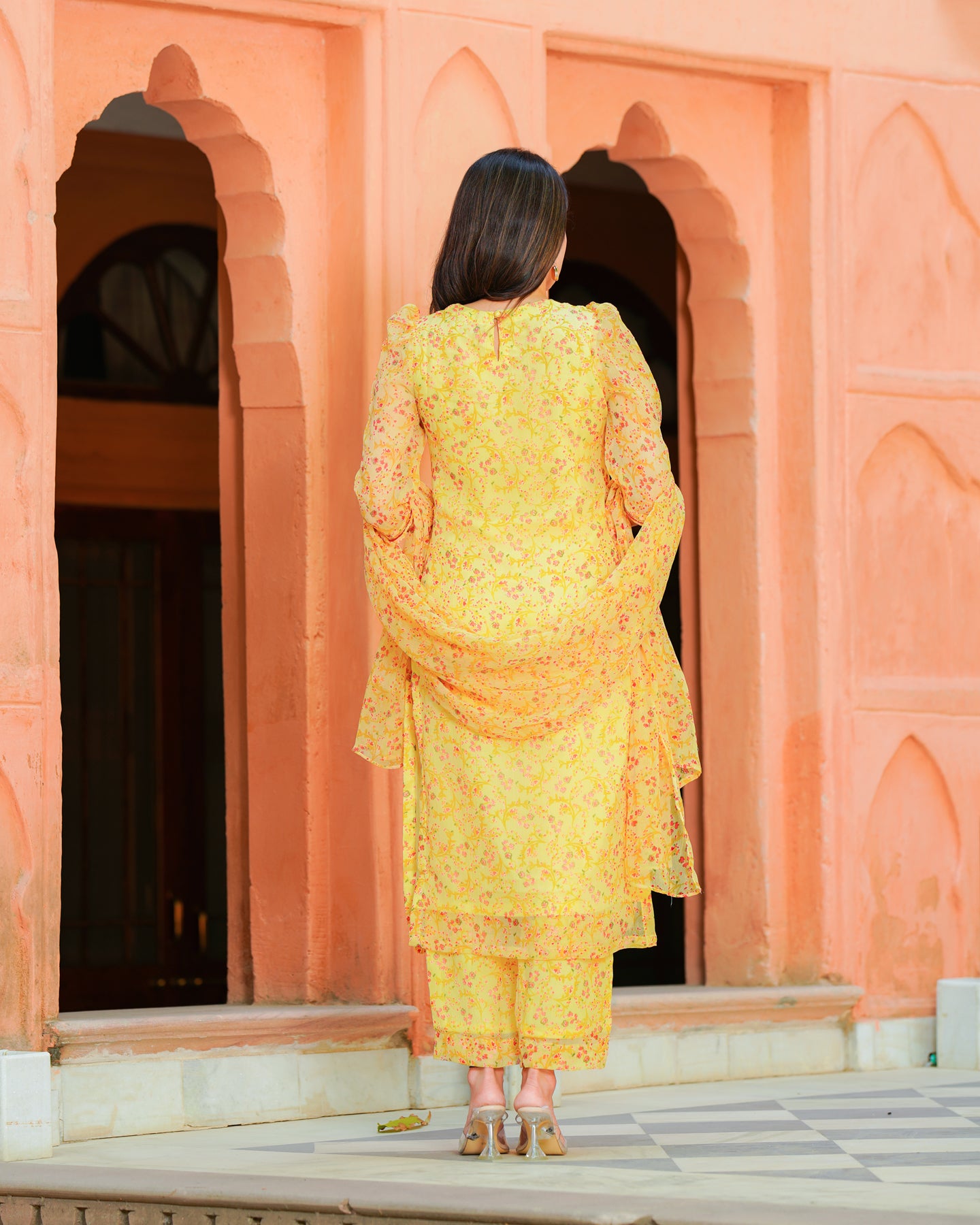 YELLOW PRINTED CHIFFON SUIT SET