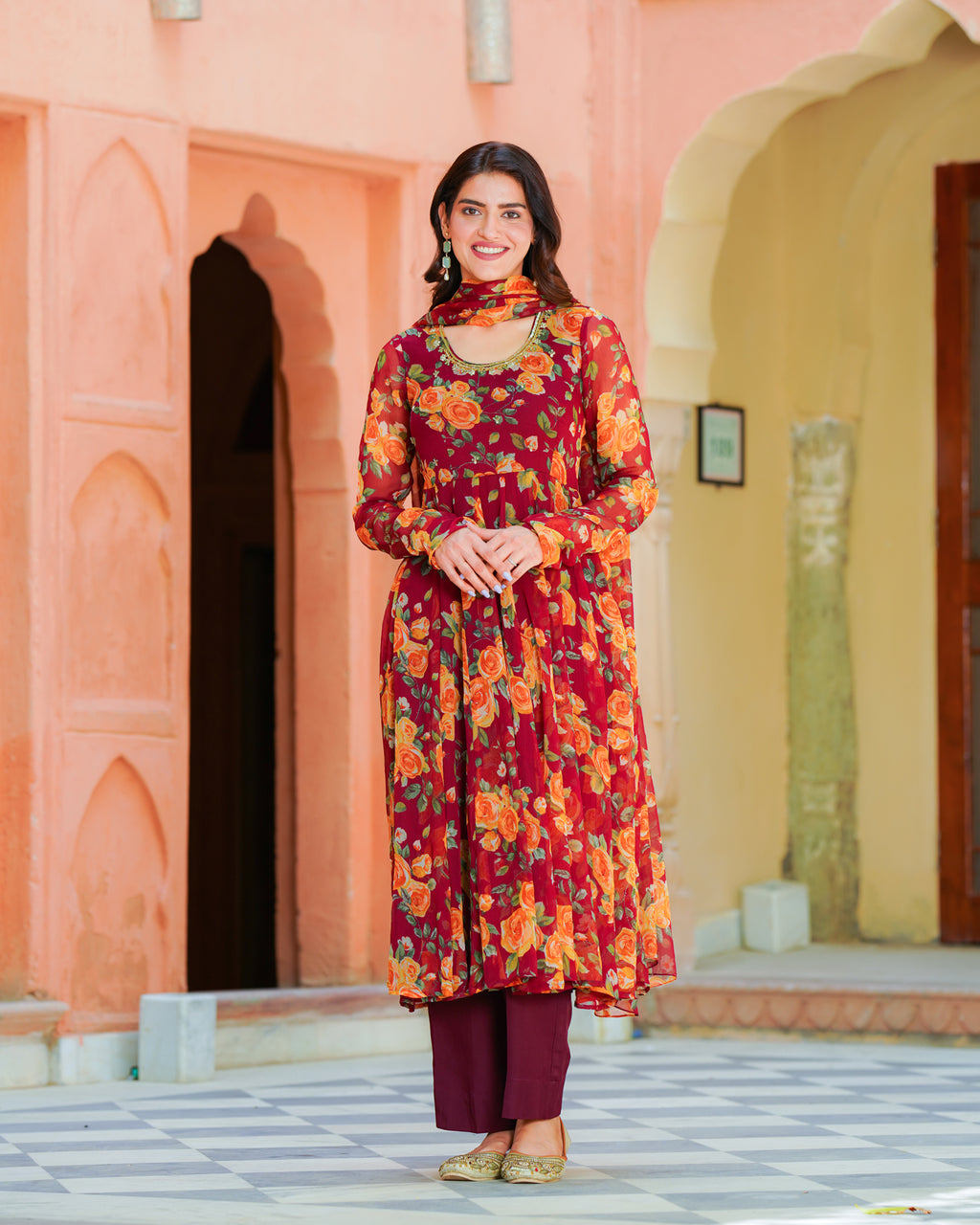 Maroon Printed Chiffon Suit Set