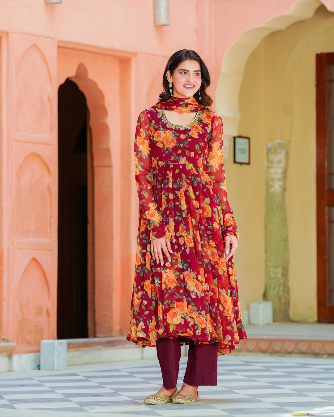 Maroon Printed Chiffon Suit Set