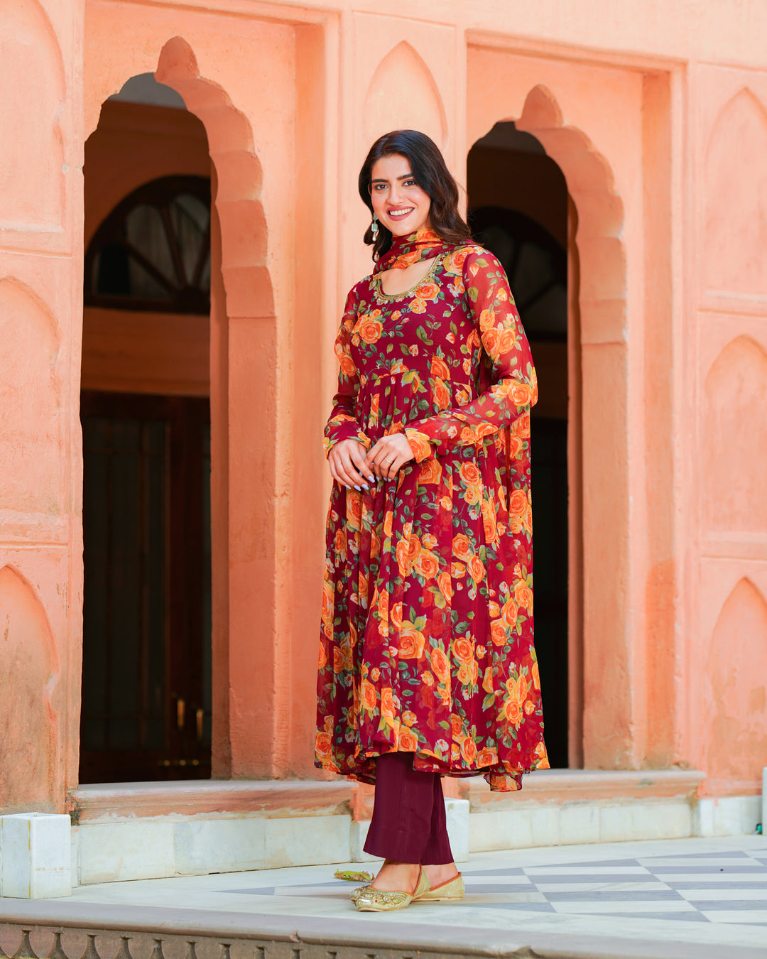 Maroon Printed Chiffon Suit Set