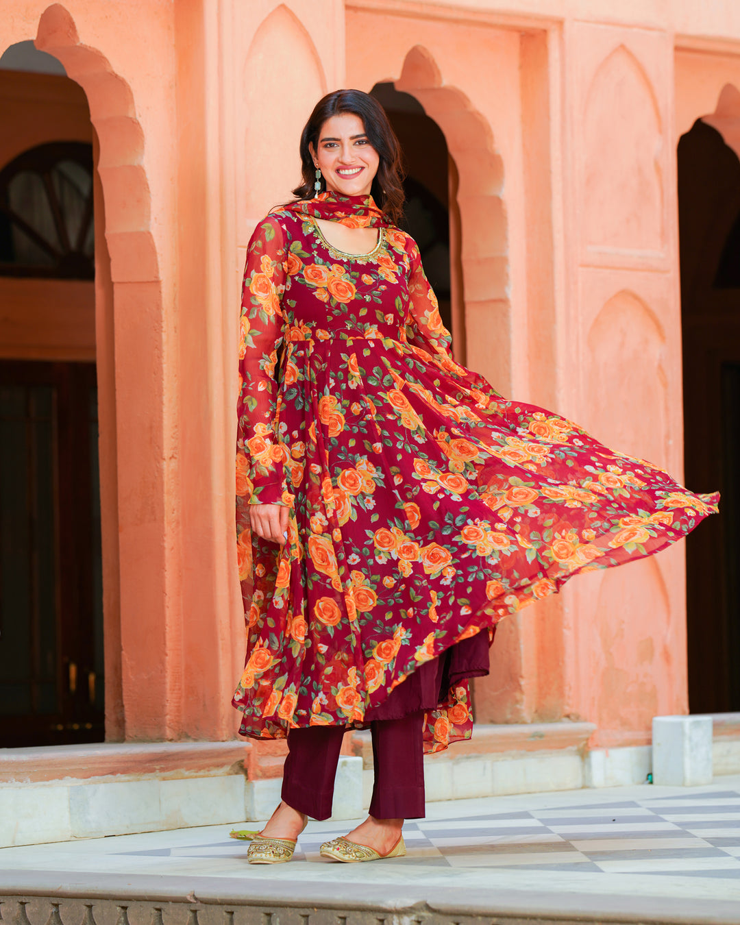 Maroon Printed Chiffon Suit Set