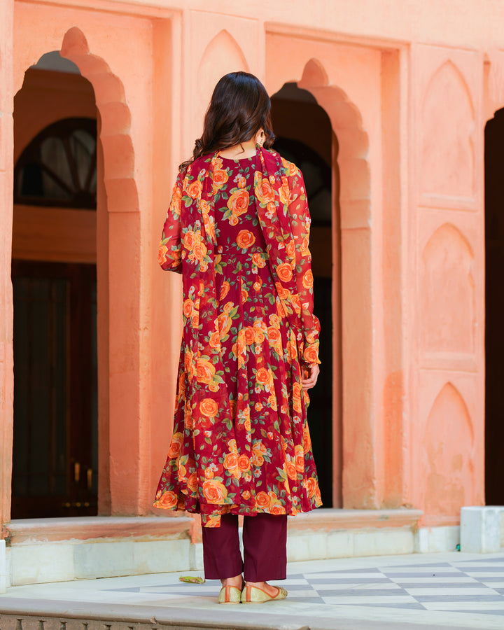 Maroon Printed Chiffon Suit Set