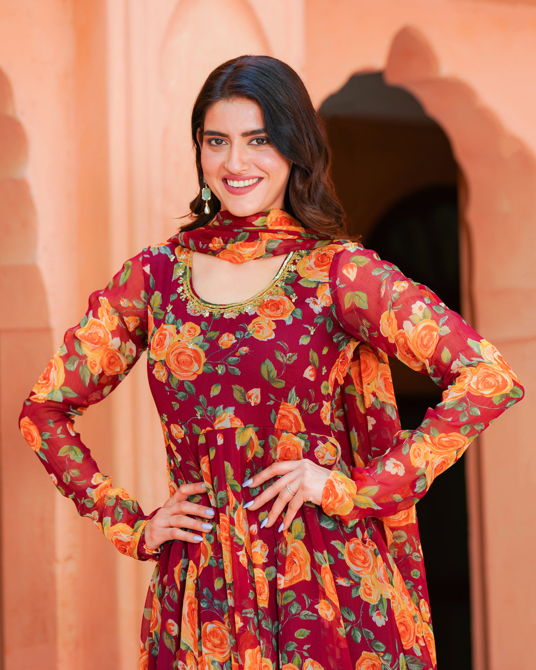 Maroon Printed Chiffon Suit Set