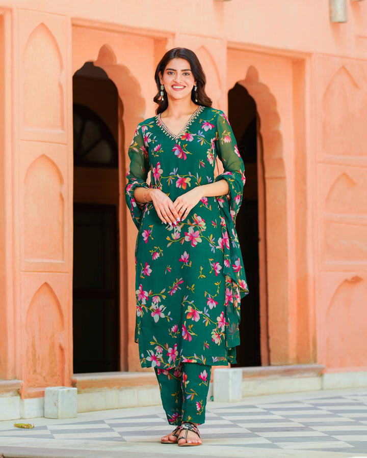 Green Chiffon Floral Suit Set