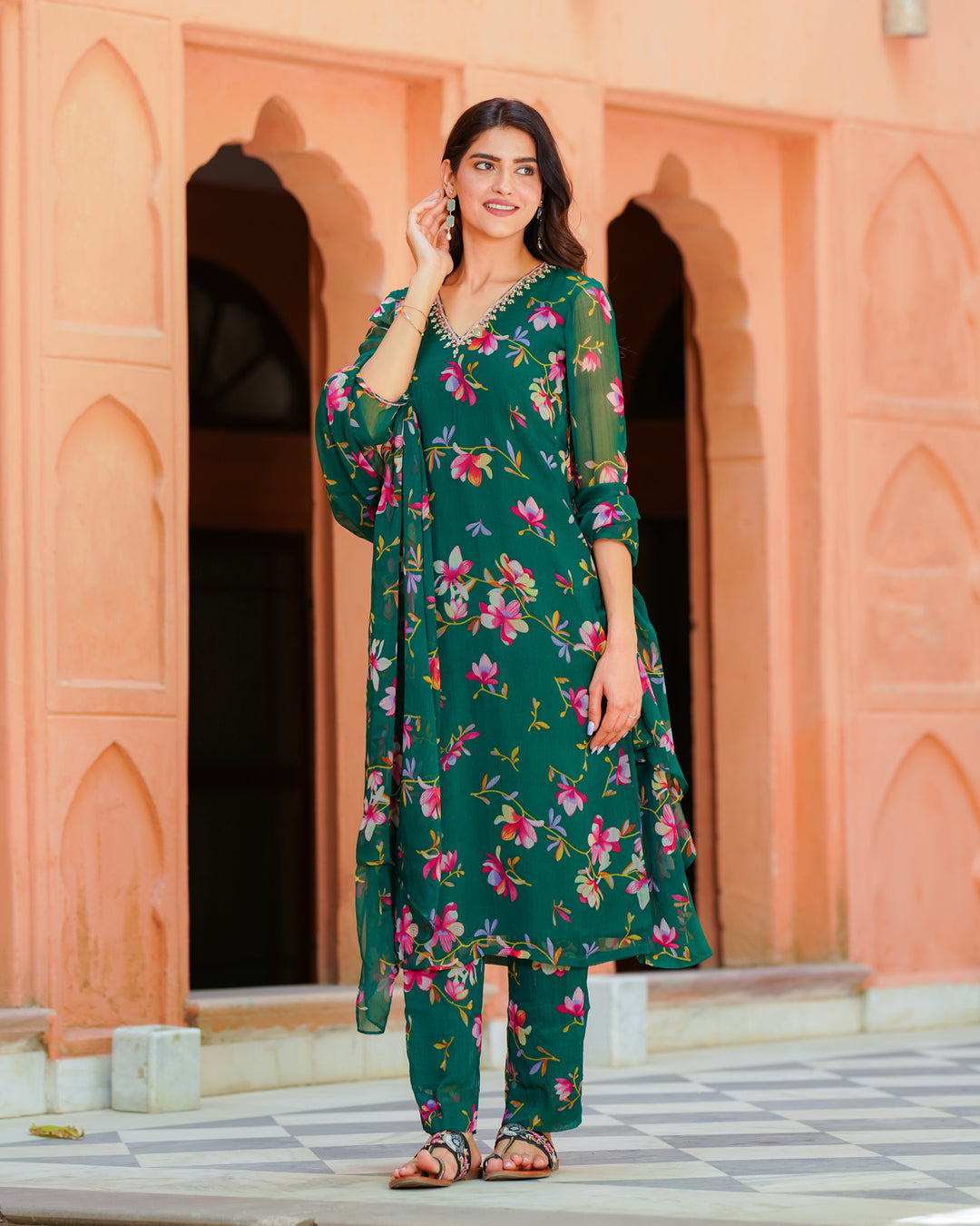 Green Chiffon Floral Suit Set