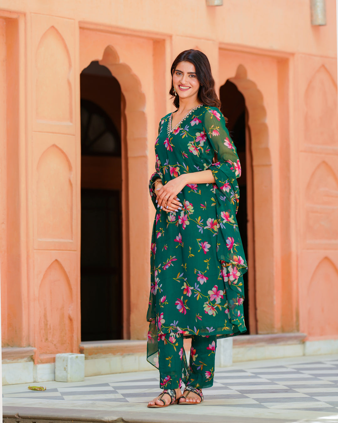 Green Chiffon Floral Suit Set