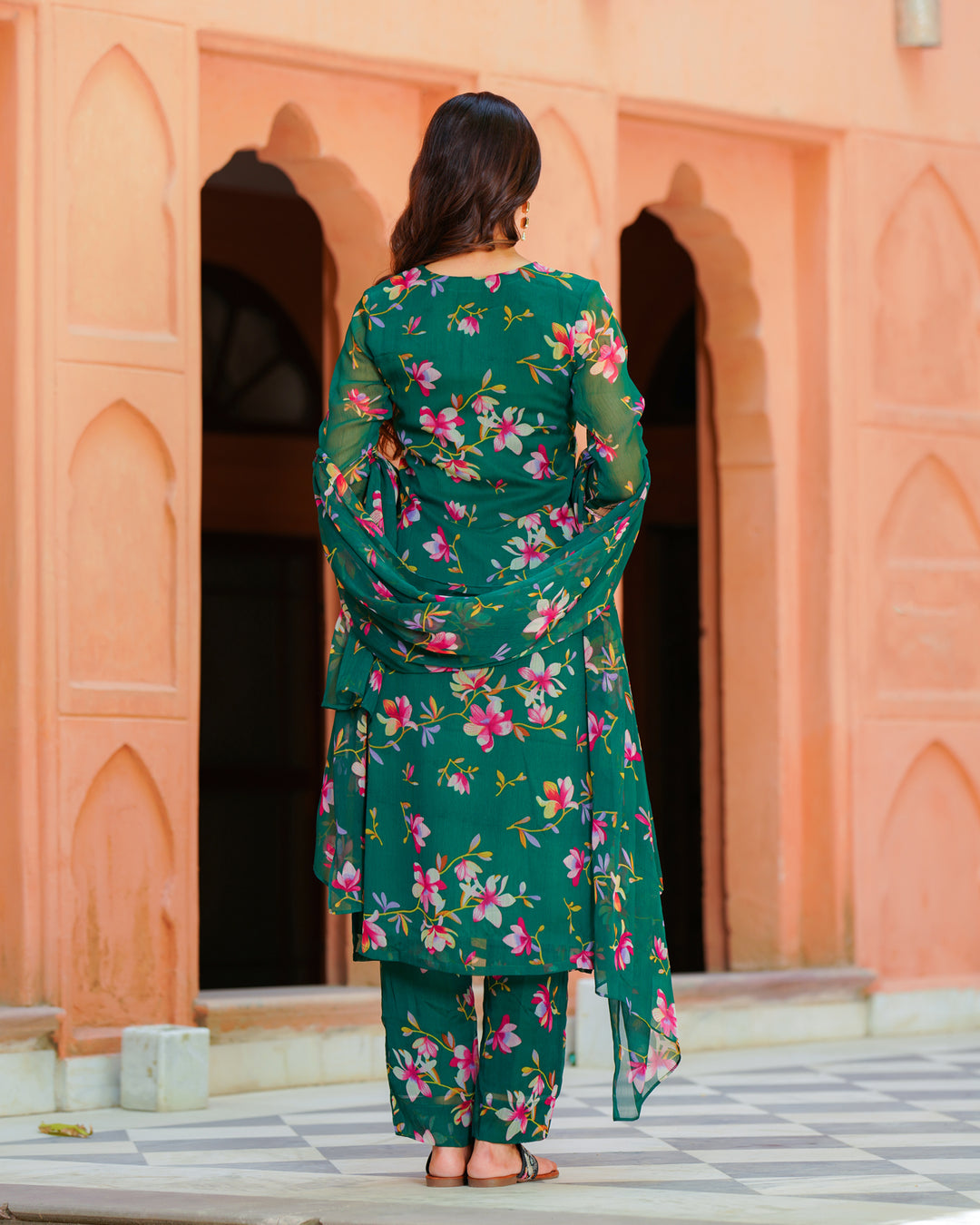 Green Chiffon Floral Suit Set