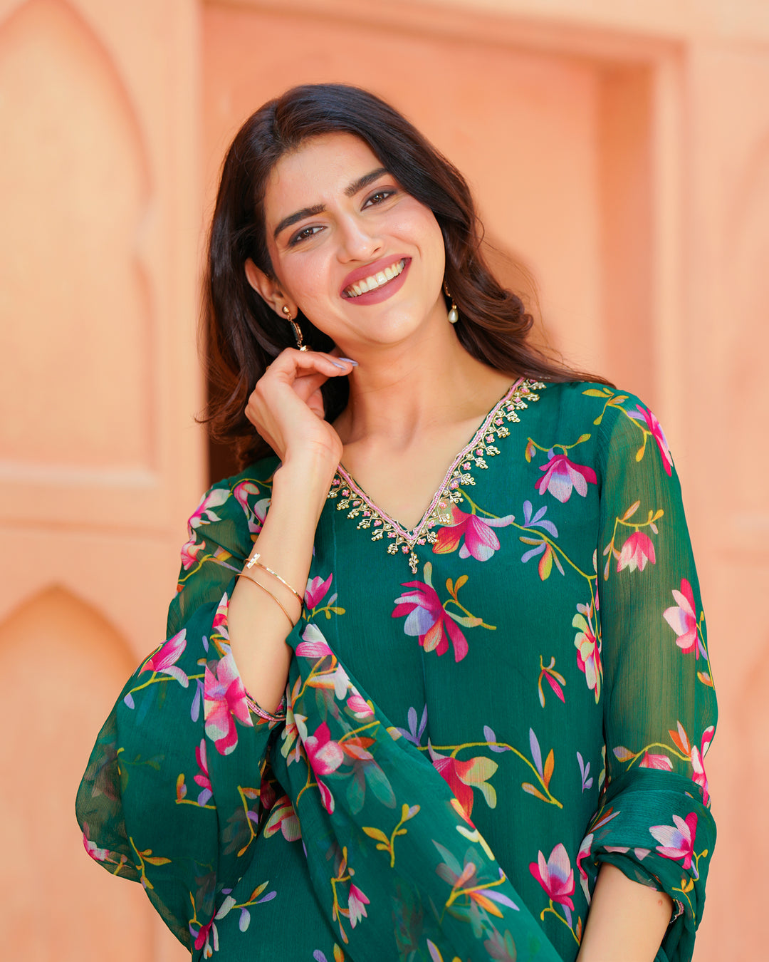 Green Chiffon Floral Suit Set