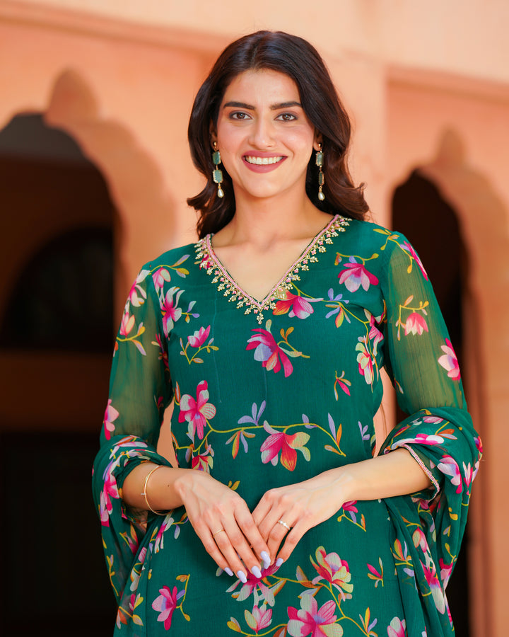 Green Chiffon Floral Suit Set