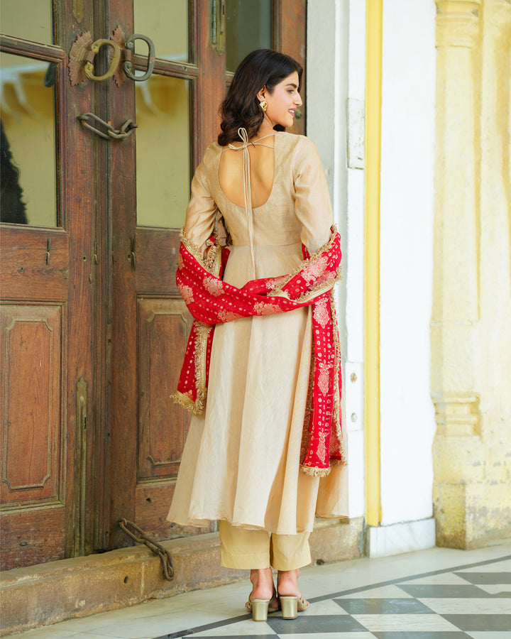 Hazel Beige Chanderi Suit Set